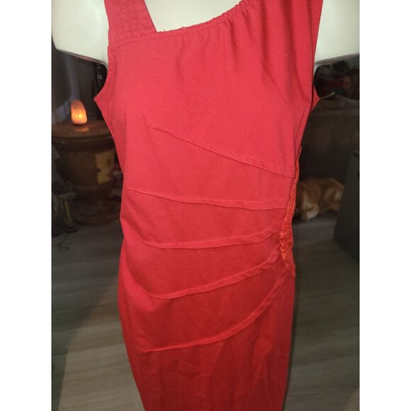 Red Sleeveless One-Shoulder Knee-Length Dress With Lace Detail & Side Ruching Fo - Picture 7 of 11